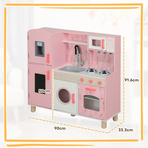 AIYAPLAY Toy Kitchen, Pretend Role Play Kitchen, Kids Kitchen Set with Lights and Sounds, Double Stoves, Ice Maker, Chalkboard, Microwave, Oven, Sink, 5 Accessories, for 3+ Years, Pink