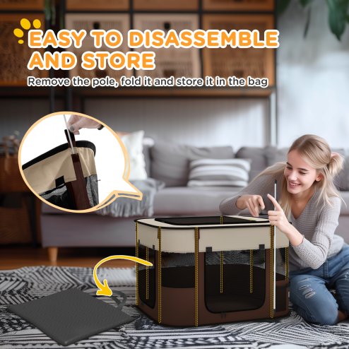 PawHut Dog Pen, Pet Playpen, Portable Foldable Dog Cat Playpen Soft Pet Cage with Storage Bag for Puppies, Rabbits, Kittens, Guinea Pigs, 74 x 60 x 45cm - Brown