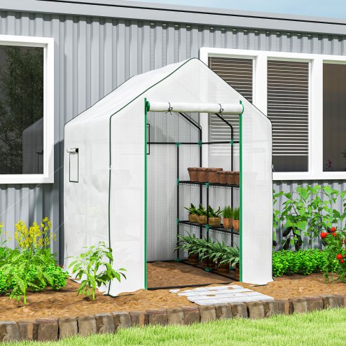 Outsunny Walk-in Greenhouse with 3 Tier 8 Shelves, Small Greenhouse with Reinforced PE Cover, Garden Plant Growhouse with Roll-up Door and Three Mesh Windows, 140 x 143 x 190 cm, White