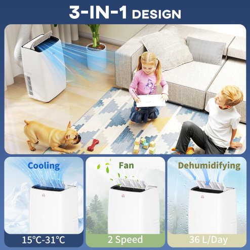 HOMCOM 14000 BTU Air Conditioning Unit, 3-in-1 Portable Air Conditioner, Dehumidifier, Cooling Fan with 24H Timer On/off, 2 Speeds, Remote Control, LED Display, 24H Timer, Window Venting Kit, 40m²