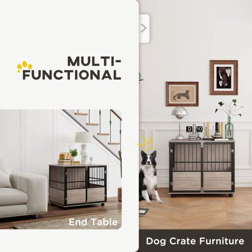 PawHut Dog Crate Furniture, Dog Cage End Table Indoor with 3 Doors, Furniture Style Dog Crate with Soft Washable Cushion, for Medium Dogs, 80L x 60W x 68Hcm