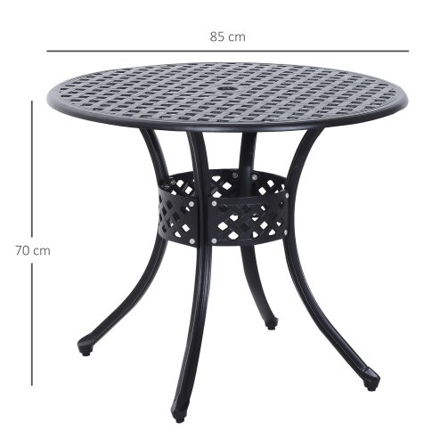 Outsunny 85cm Round Garden Dining Table with 46.5mm Dia. Umbrella Hole, Cast Aluminium Outdoor Dining Table, Grid Motif Outdoor Table for Garden, Patio, Porch, Black
