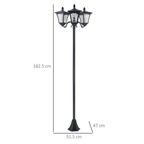 Outsunny 1.8m Traditional Victorian Style 3 Way Head Outdoor Garden Solar Post Lamp Sensor Dimmable LED Lantern Bollard Pathway IP44 - Black