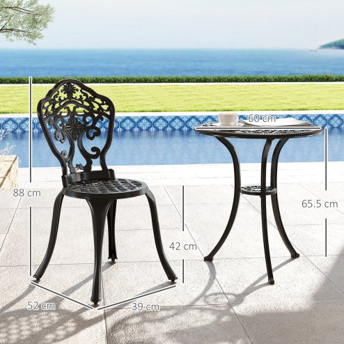 Outsunny 3 Piece Cast Aluminium Garden Bistro Set for 2 with Parasol Hole, Outdoor Coffee Table Set, Two Armless Chairs and Round Coffee Table for Balcony, Patio, Black