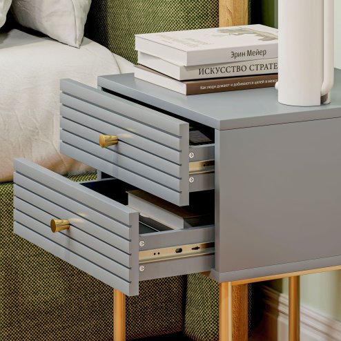 HOMCOM Bedside Tables Set of 2, Bedside Cabinet with 2 Drawers, Gold Steel Legs, Modern Side Table with Striped Panel for Bedroom, Living Room, Grey