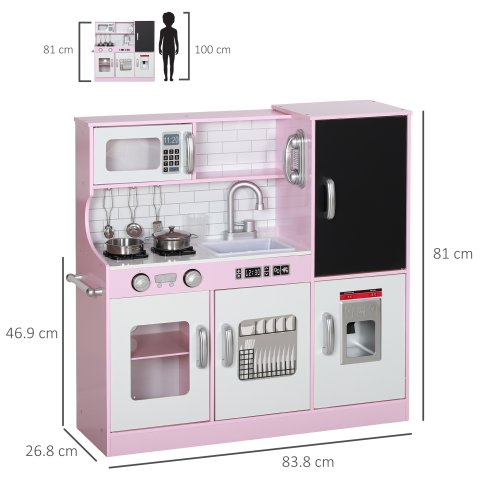AIYAPLAY Play Kitchen, Kids Kitchen Playset Toy with Chalkboard, Toy Phone, Microwave, Ice Maker, Cooking Stoves, Sink, for Boys Girls Ages 3-8 Years, Pink