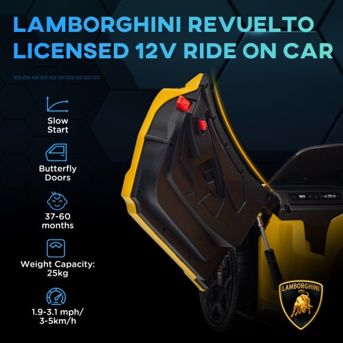 AIYAPLAY Lamborghini Revuelto Licensed Electric Car for Kids with Butterfly Doors, 12V Kids Electric Ride On with Suspension, Remote Control, LED Lights, Horn, USB, MP3 for 3-5 Years, Yellow