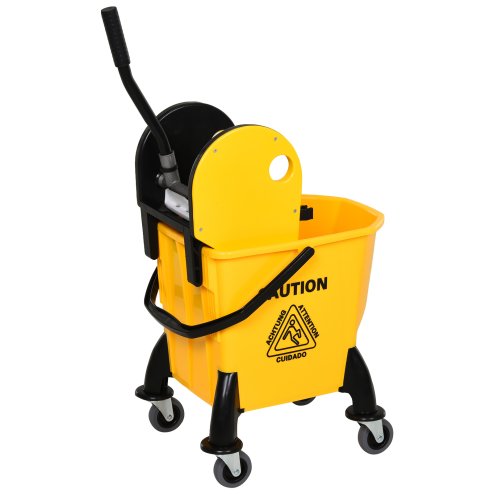 HOMCOM 26L Mop Bucket with Wringer, Mop Bucket on Wheels with Carry Handle, Mop Holder, Plastic Body for Household, Yellow