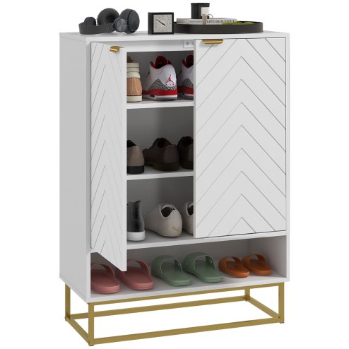 HOMCOM Shoe Cabinet, 12 Pairs Shoe Storage Cabinet with 2 Chevron Doors, Adjustable Shelf, Open Shelf and 6 Vents for Entryway, Hallway, White