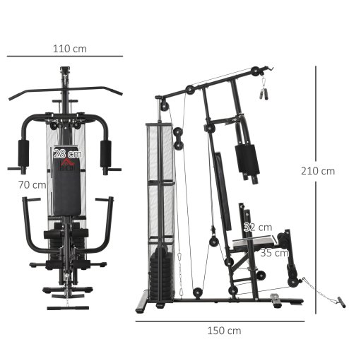 HOMCOM Multi Gym Workout Station, 45Kg Weight Stack Training System, Full Body Fitness for Home Gym, Black