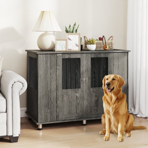 PawHut Dog Crate Furniture End Table, Pet Kennel for Extra Large Dogs with Magnetic Door Indoor Animal Cage, Grey, 114 x 60 x 82 cm