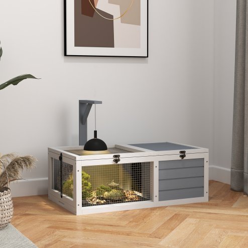 PawHut Tortoise House, Wooden Tortoise Enclosure, Tortoise Habitat with Lamp Holder, 2 Pull-Out Trays, Hideaway, Run, for Indoor, Outdoor, Light Grey