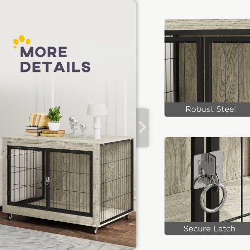 PawHut Dog Crate Furniture on Wheels, Dog Cage End Side Table with Lockable Double Doors, for Large Breeds, 100 x 60 x 73.5cm, Grey
