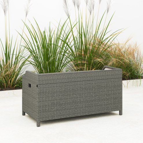 Outsunny PE Rattan Outdoor Storage Bench, Aluminium Garden Bench with Storage Underneath w/ Zipped Inner Lining, Rods for Deck, Grey