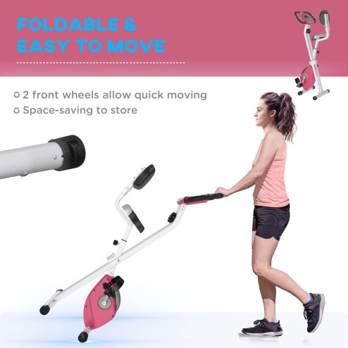 HOMCOM Folding Exercise Bike, Fitness Bicycle Indoor Trainer, 8-Level Magnetic Resistance Adjustable, with LCD Monitor, Pulse Sensor, Pink