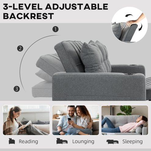 HOMCOM 2 Seater Sofa Bed, Convertible Pull Out Sofa Bed with Adjustable Backrest, Cup Holders and Pillows, Click Clack Settee for Living Room, Bedroom, Guest Room, Charcoal Grey
