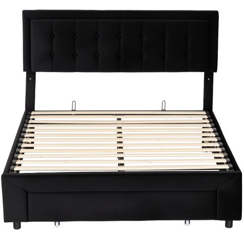 HOMCOM Double Ottoman Bed Frame, 4ft6 Gas Lift Storage Bed with 2-Level Adjustable Velvet Upholstered Headboard, Wheeled Drawer and Wooden Slats, No Mattress, Black