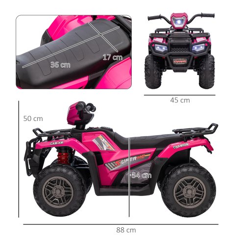 HOMCOM 12V Electric Quad Bike for Kids, Ride-On Car All Terrain Vehicle w/ Forward, Reverse Functions, Music, LED Headlights, for Ages 3-5 Years - Pink