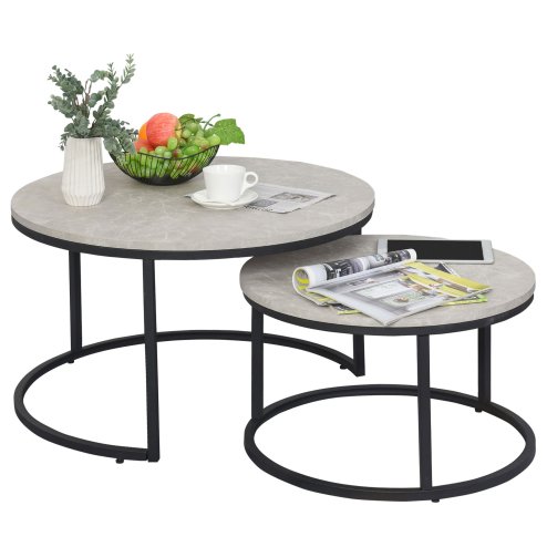 HOMCOM Nest of Tables, Round Coffee Table Set of 2,  Coffee Tables with Steel Frame for Living Room, Marble Grey