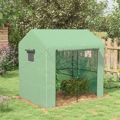 Outsunny Walk-in Greenhouse, Outdoor Tomato Greenhouse, Green House for Garden, Grow House with Roll-up Door and Mesh Windows, PE Cover, 200 x 140 x 200cm, Green