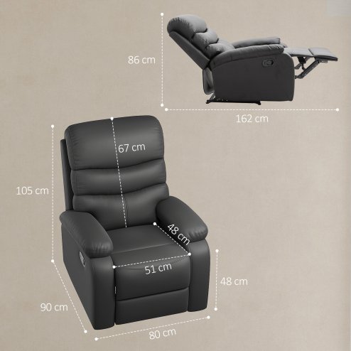HOMCOM Recliner Armchair, PU Leather Manual Reclining Chair with Adjustable Leg Rest and Backrest, Easy Assembly, Recliner Chair for Living Room, Bedroom, Home Theater, Black