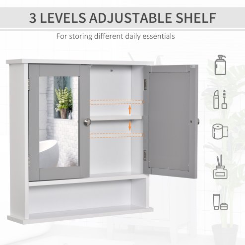 kleankin Mirror Cabinet Wall Mounted with Double Mirrored Doors, Hanging Cabinet with Cupboard and Shelf, Bathroom Wall Storage Organiser