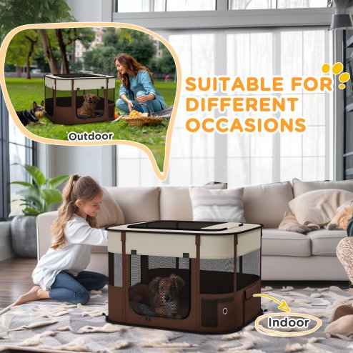 PawHut Dog Pen, Pet Playpen, Portable Foldable Dog Cat Playpen Soft Pet Cage with Storage Bag for Puppies, Rabbits, Kittens, Guinea Pigs, 74 x 60 x 45cm - Brown