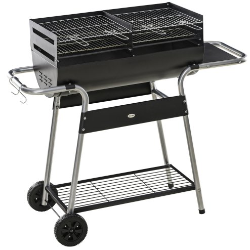 Outsunny Charcoal Barbecue Grill BBQ Trolley with Double Grill, Adjustable Grill Height, Side Table, Storage Shelf, and Wheels for Outdoor Cooking, 130 x 51 x 111cm, Black