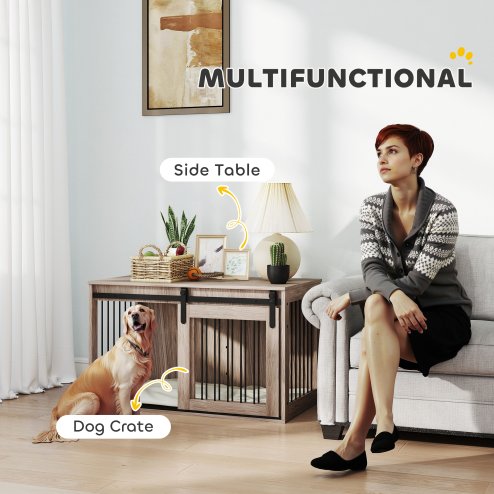 PawHut Dog Crate Furniture, Dog House Furniture Style for Large Breeds, Pet Kennel with Removable Cushion for Indoor Use, 98 x 58 x 61cm, Brown