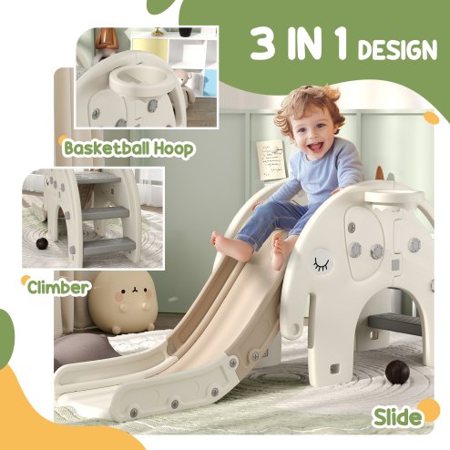AIYAPLAY Kids Slide, 3 in 1 Toddler Slide with Basketball Hoop, Climber, Elephant-Themed Indoor Slide for 1-3 Years, Cream White