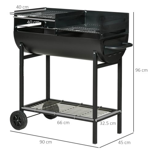 Outsunny Trolley Charcoal BBQ Barbecue Grill Cooker with 3-Level Adjustable Height Grill Nets, Patio Outdoor Garden Heating Heat Smoker with Wheels, 90 x 45 x 96 cm, Black