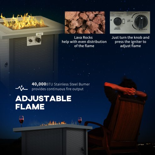 Outsunny Square Propane Gas Fire Pit Table, 40000 BTU Rattan Smokeless Firepit Patio Heater with Lava Rocks and Lid, 71cm x 71cm x 62cm, Dark Grey