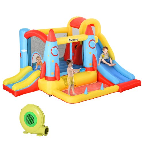 Outsunny Bouncy Castle Inflatable Bouncy Castles for Children Bounce House 3 in 1 w/ Trampoline Slide Water Pool with Blower for Kids Age 3-8 Rocket Design 3.3 x 2.65 x 1.85m