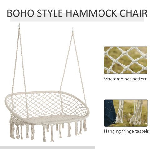 Outsunny 2-Seater Hanging Hammock Chair, Cotton-Polyester Blend Macrame Hanging Rope Chair with Metal Frame, for Patio, Garden, Balcony, Living Room, Cream White