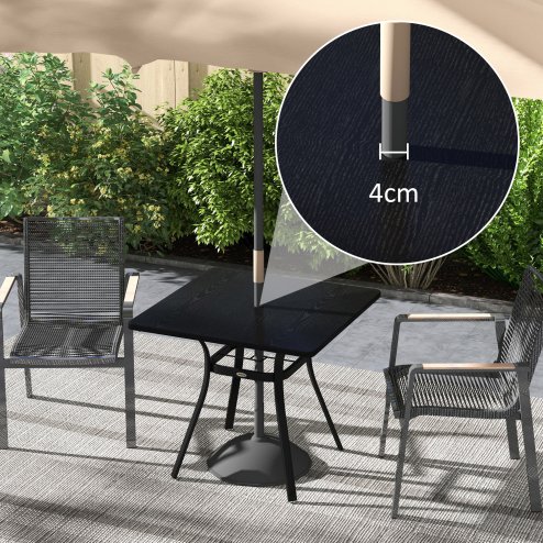 Outsunny Garden Dining Table, Outdoor Square Coffee Table with Wood Grain Effect Steel Tabletop, Parasol Hole and Foot Pads for Balcony, Porch, Black