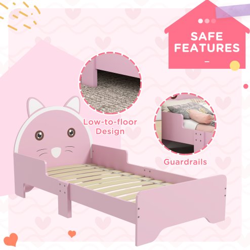 ZONEKIZ Toddler Bed Frame, Kids Bed Cat Design Princess Bed Bedroom Furniture with Guardrails, for 3-6 Years Old, 143L x 74W x 72Hcm - Pink
