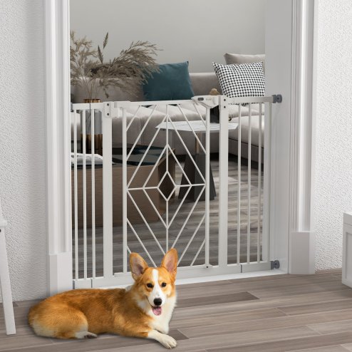 PawHut Pressure Fit Safety Gate for Doorways and Staircases, Dog Gate with Auto Closing Door, Pet Barrier for Hallways with Double Locking, Openings 74-100cm - White