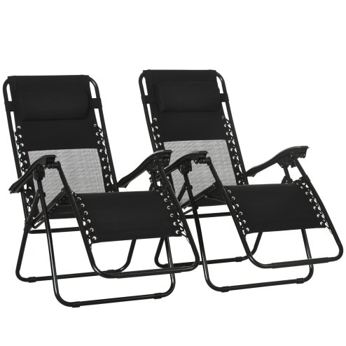 Outsunny Garden Recliner Chairs Set of 2, Outdoor Foldable Zero Gravity Chairs Set w/ Footstool and Detachable Headrest, Black