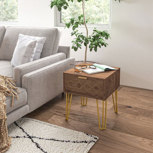 HOMCOM Bedside Table with Drawer, Wooden Nightstand, Modern Sofa Side Table with Gold Tone Metal Legs and Handles for Living Room, Bedroom, Easy Assembly, 40x41x 49cm, Brown