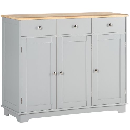 HOMCOM Modern Sideboard with Rubberwood Top, Buffet Cabinet with Storage Cabinets, Drawers and Adjustable Shelves for Dining Room, Kitchen, Grey