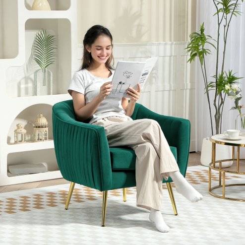 HOMCOM Velvet Tub chair, Luxury Accent Chair with Golden Metal Leg, Comfy Upholstered Armchair with Thick Padded Seat for Living Room