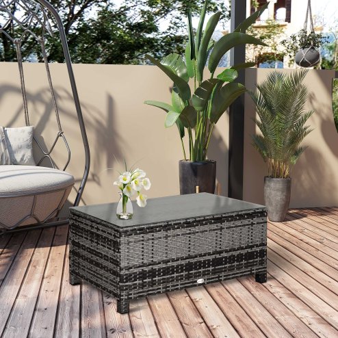 Outsunny PE Rattan Coffee Table, Rectangular Outdoor Coffee Table with Tempered Glass Top, 70 KG Capacity for Garden, Balcony, Terrace, Patio, Mixed Grey