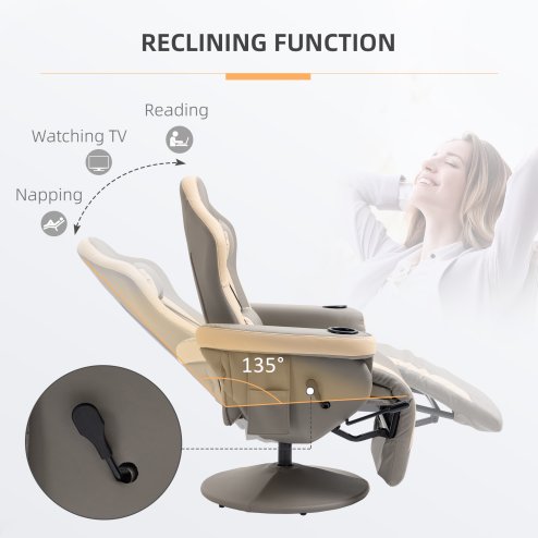 HOMCOM Reclining Gaming Chair, 360° Swivel Racing Video Gaming Manual Recliner with Footrest, Headrest and Cup Holder, PU Leather Armchair with Storage Pocket, Grey
