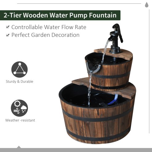 Outsunny Wooden 2-Tier Barrel Water Fountain with Pump Freestanding Cascading Feature Self Contained Water Pump Garden Decoration