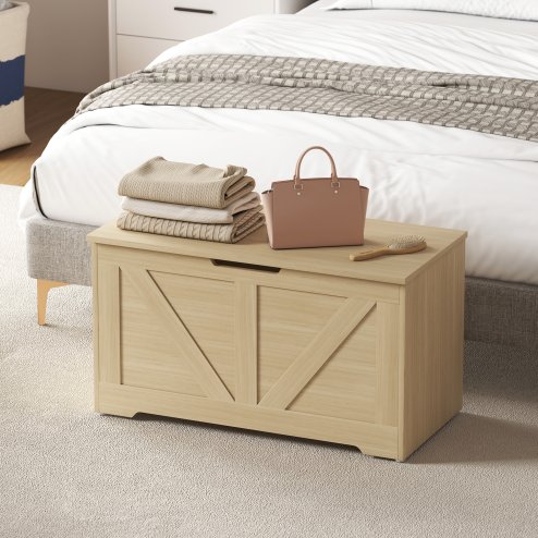 HOMCOM 100L Storage Chest, Storage Trunk with 2 Safety Hinges and U-shaped Cut-out Pull, Organiser Box for Living Room, Entryway, 80 x 40 x 45 cm, Natural Wood Finish