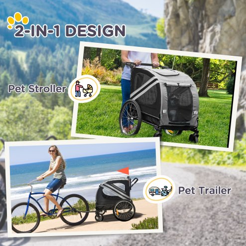 PawHut Dog Bike Trailer, 2 in 1Foldable Pet Stroller with Hitch Coupler, Reflectors, Quick Release Wheels, Flag, for Medium Dogs, Grey