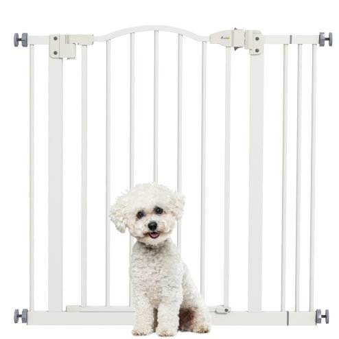 PawHut Pressure Fit Dog Stair Gate No Drilling Safety Gate Auto Close for Doorways, Hallways, 74-87cm Adjustable, 78cm Tall, White