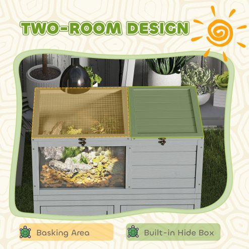 PawHut Tortoise House with Storage Cabinet, Wooden Tortoise Enclosure with Lamp Holder, Openable Top, Transparent Windows, Turtle Habitat for Indoor, Light Grey