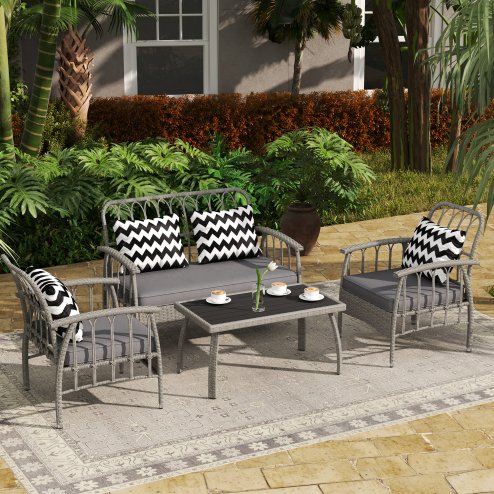 Outsunny 4 Piece Rattan Garden Furniture Set, Garden Sofa Set with 5-Level Adjustable Armchairs, Loveseat, Coffee Table and Cushions, Wicker Outdoor Conservatory Furniture for Patio Balcony, Grey