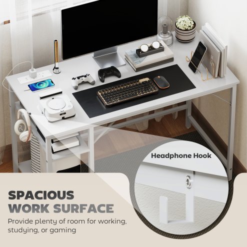 HOMCOM Computer Desk with Power Outlets, 120 x 60 cm Home Office Desk with Reversible Storage Shelves and Headphone Hook, Study Table Workstation for Bedroom, White